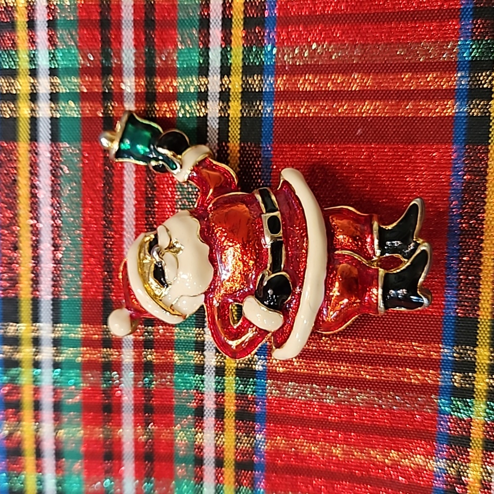 SANTA HOLDING GREEN BELL RED CHRISTMAS BROOCH PIN